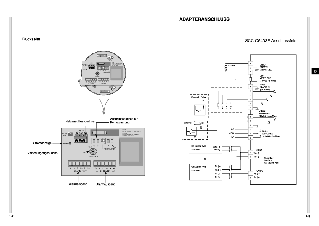 Samsung manual Adapteranschluss, Rückseite, SCC-C6403P Anschlussfeld, Ac Out Power 