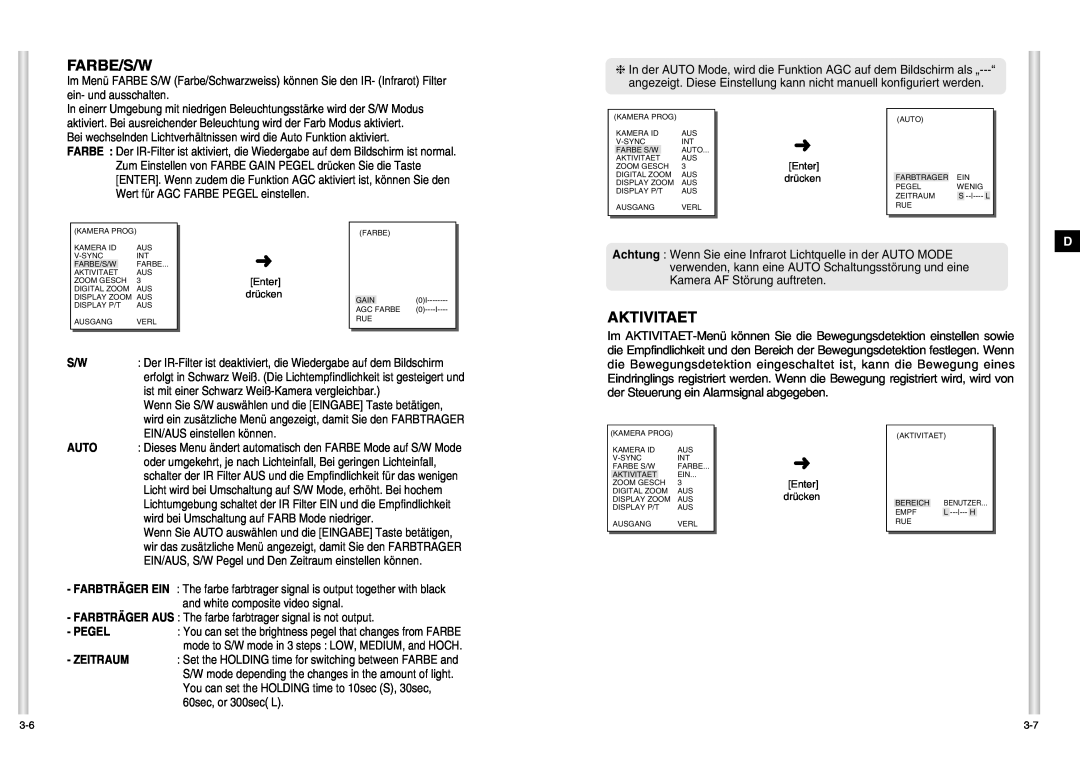 Samsung SCC-C6403P manual Farbe/S/W, Aktivitaet, Auto, Pegel, Zeitraum 