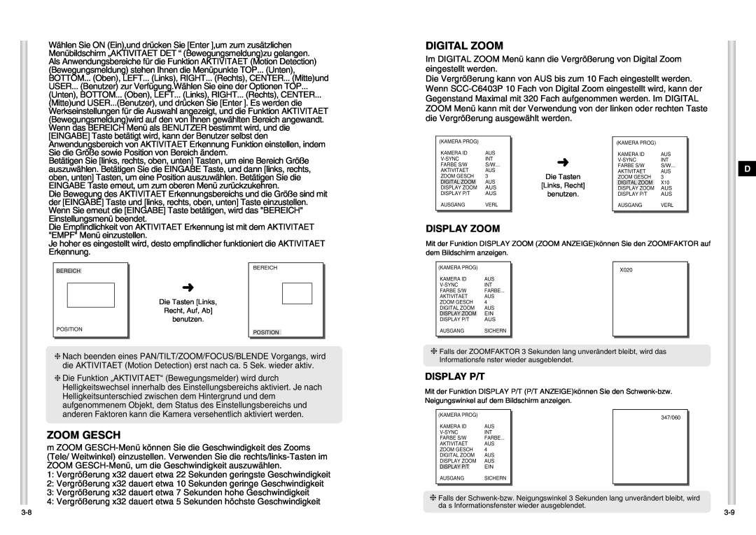 Samsung SCC-C6403P manual Zoom Gesch, Digital Zoom, Display Zoom, Display P/T 