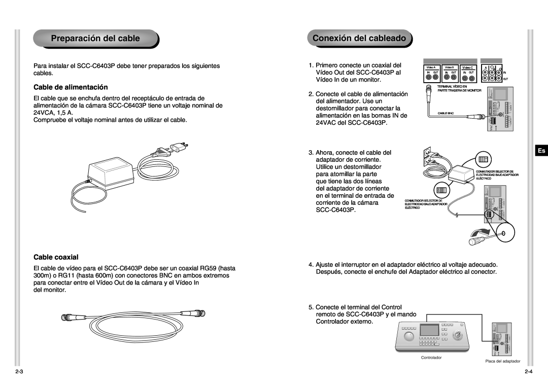 Samsung SCC-C6403P manual Preparación del cable, Conexión del cableado, Cable de alimentación, Cable coaxial 