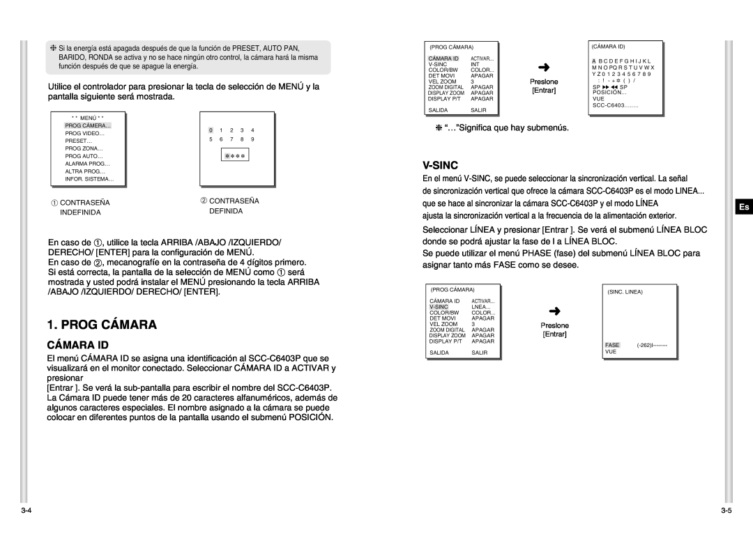 Samsung SCC-C6403P manual Prog Cámara, V-Sinc, Cámara Id 