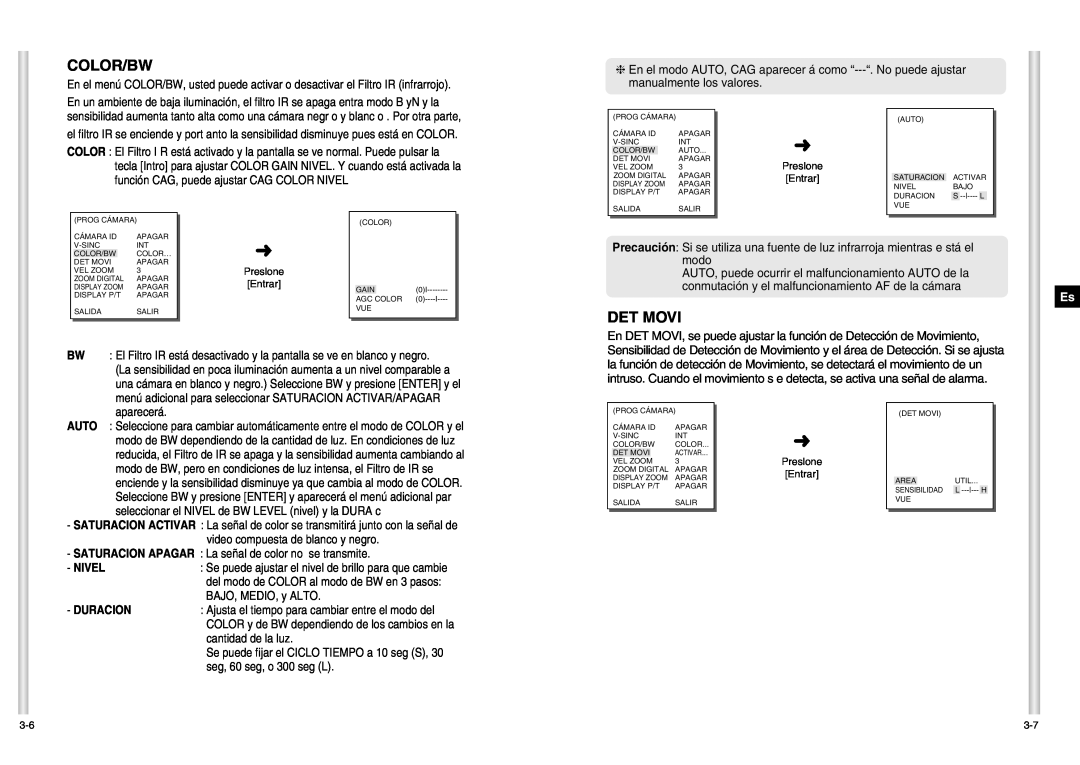 Samsung SCC-C6403P manual Det Movi, Color/Bw, Nivel, Duracion 