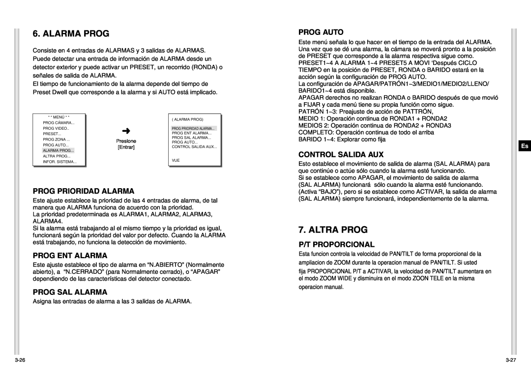 Samsung SCC-C6403P manual Alarma Prog, Altra Prog, Prog Auto, Control Salida Aux, Prog Prioridad Alarma, Prog Ent Alarma 