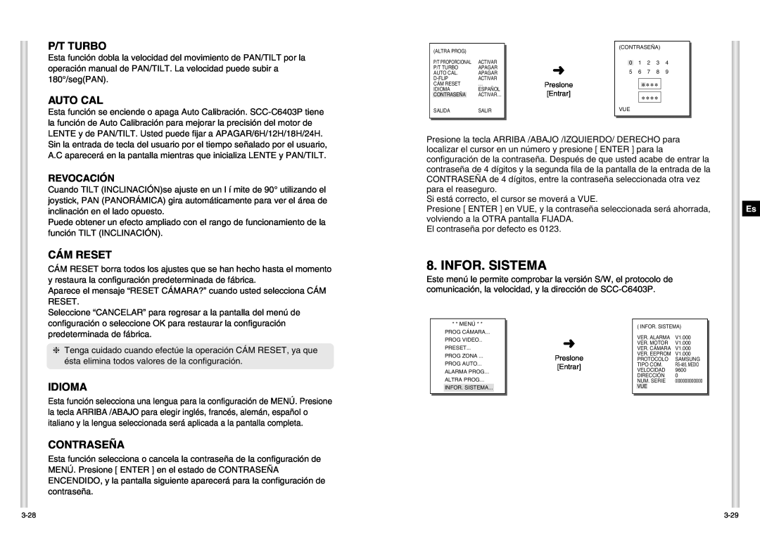 Samsung SCC-C6403P manual Infor. Sistema, P/T Turbo, Cám Reset, Idioma, Contraseña, Revocación, Auto Cal 