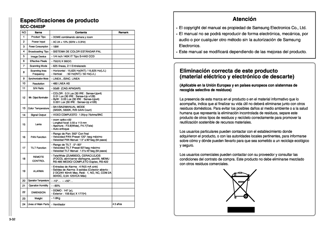 Samsung SCC-C6403P manual Especificaciones de producto, Atención 