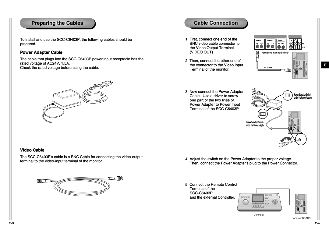 Samsung SCC-C6403P manual Preparing the Cables, Cable Connection, Power Adapter Cable, Video Cable 