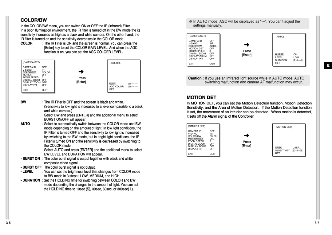 Samsung SCC-C6403P manual Color/Bw, Motion Det, Auto 
