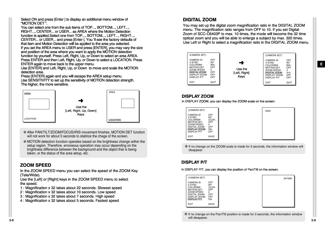 Samsung SCC-C6403P manual Digital Zoom, Zoom Speed, Display Zoom, Display P/T 