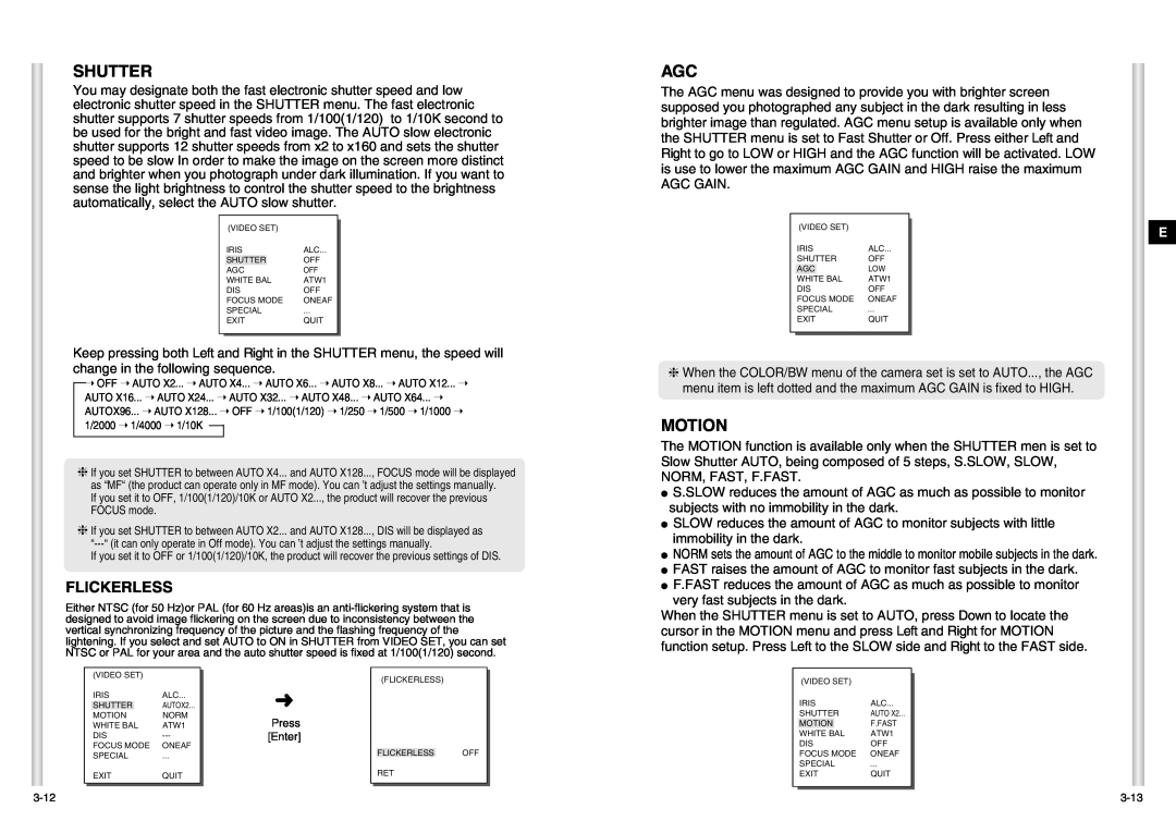 Samsung SCC-C6403P manual Shutter, Motion, Flickerless 