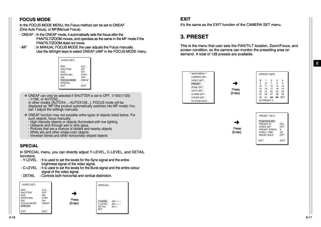 Samsung SCC-C6403P manual Preset, Focus Mode, Special, Exit 
