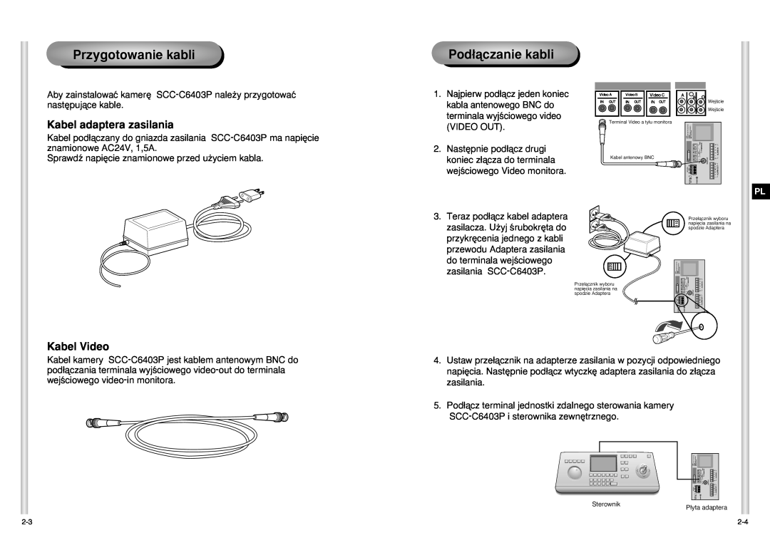 Samsung SCC-C6403P manual Przygotowanie kabli, Pod∏àczanie kabli, Kabel adaptera zasilania, Kabel Video 