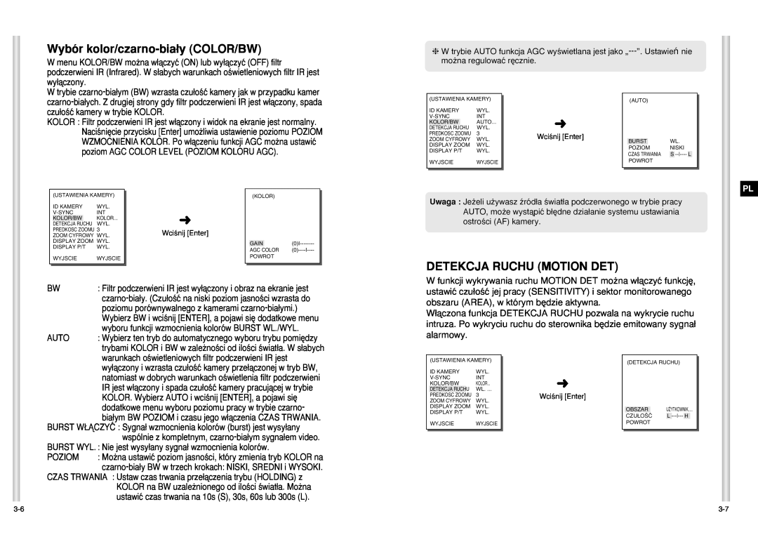 Samsung SCC-C6403P manual Wybór kolor/czarno-bia∏y COLOR/BW, Detekcja Ruchu Motion Det 