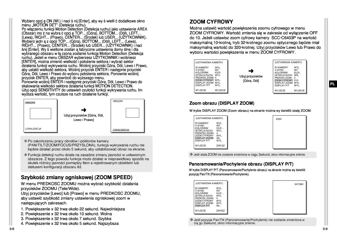 Samsung SCC-C6403P manual Zoom Cyfrowy, SzybkoÊç zmiany ogniskowej ZOOM SPEED, Zoom obrazu DISPLAY ZOOM 
