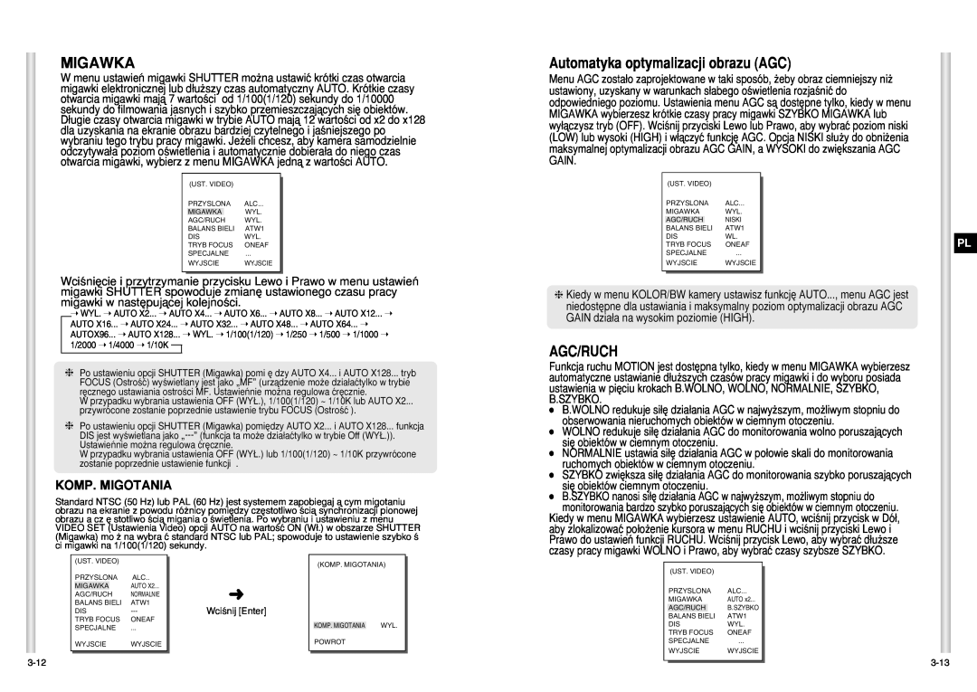 Samsung SCC-C6403P manual Migawka, Automatyka optymalizacji obrazu AGC, Agc/Ruch, Komp. Migotania 