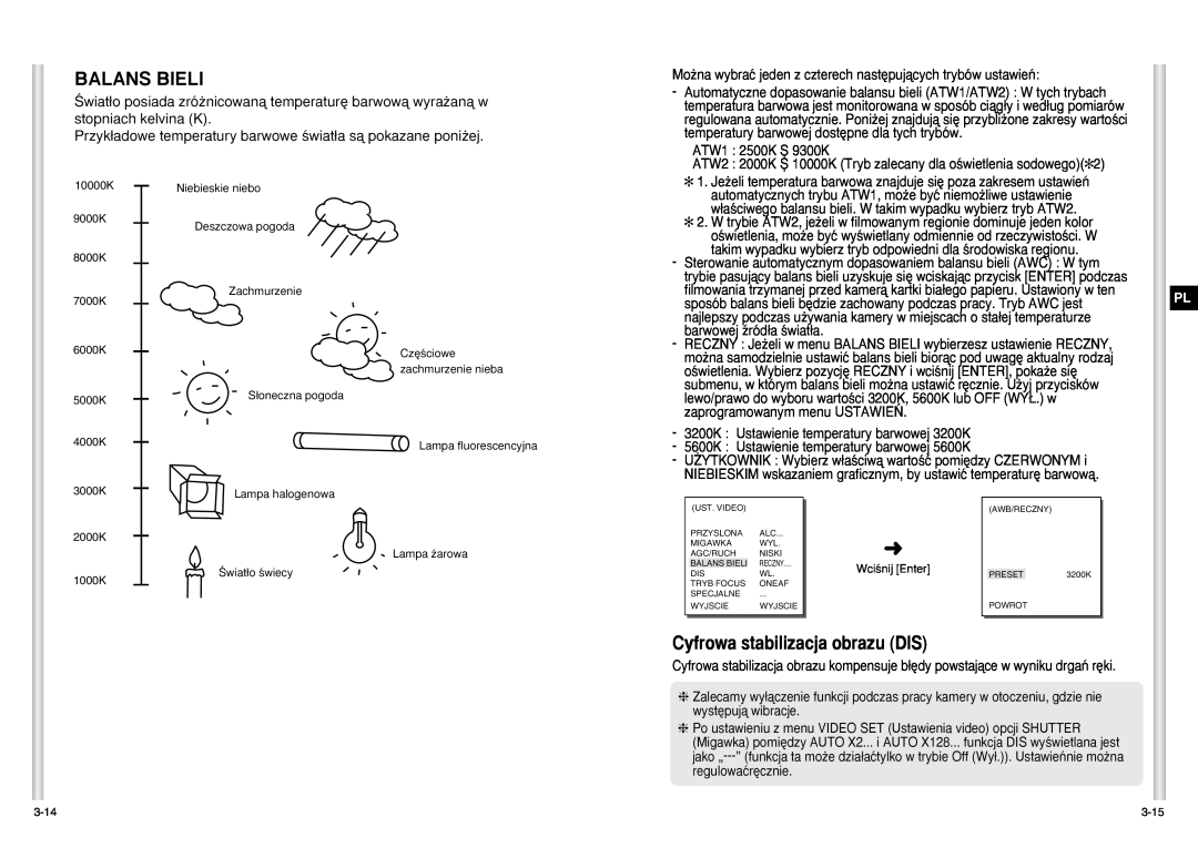Samsung SCC-C6403P manual Balans Bieli, Cyfrowa stabilizacja obrazu DIS 