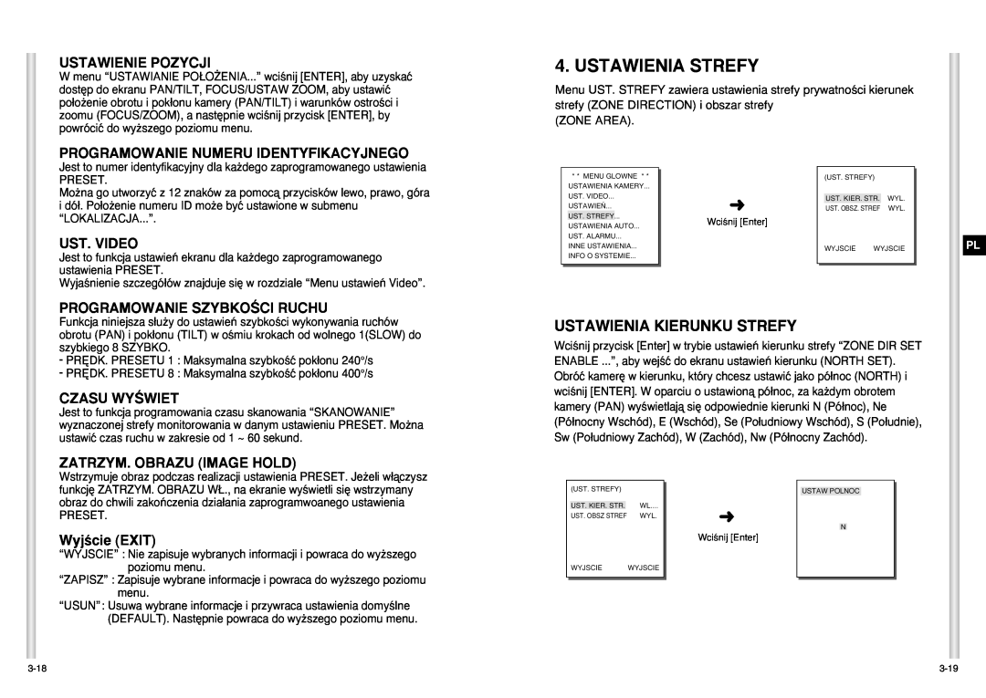 Samsung SCC-C6403P manual Ustawienia Strefy, Ustawienia Kierunku Strefy, Ustawienie Pozycji, Ust. Video, Czasu Wyâwiet 
