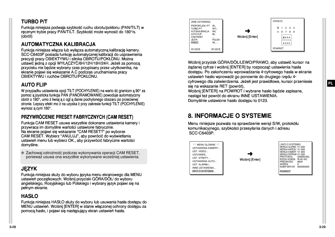 Samsung SCC-C6403P manual Informacje O Systemie, Turbo P/T, Automatyczna Kalibracja, Auto Flip, J¢Zyk, Has¸O 