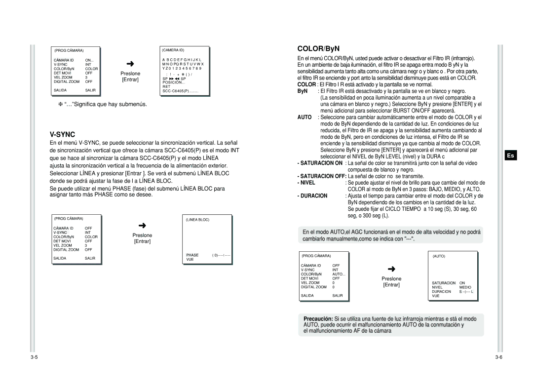 Samsung SCC-C6405P manual COLOR/ByN, …Significa que hay submenús, Seg, o 300 seg L, El malfuncionamiento AF de la cámara 