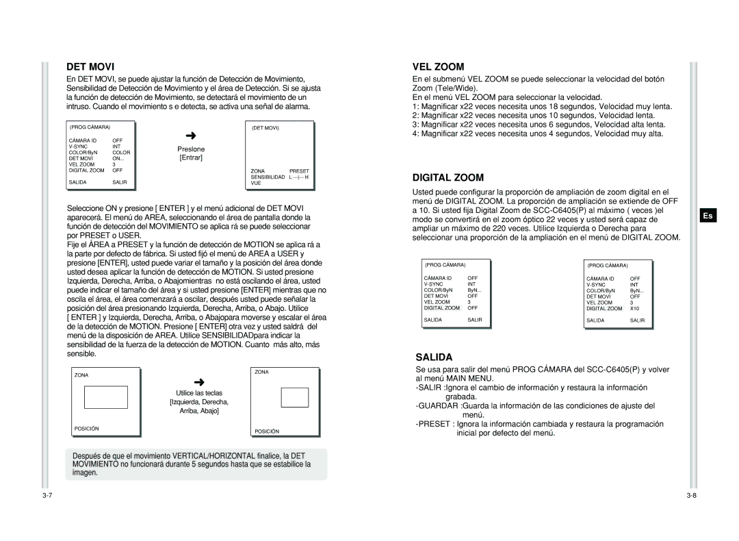 Samsung SCC-C6405P manual DET Movi, VEL Zoom, Salida 