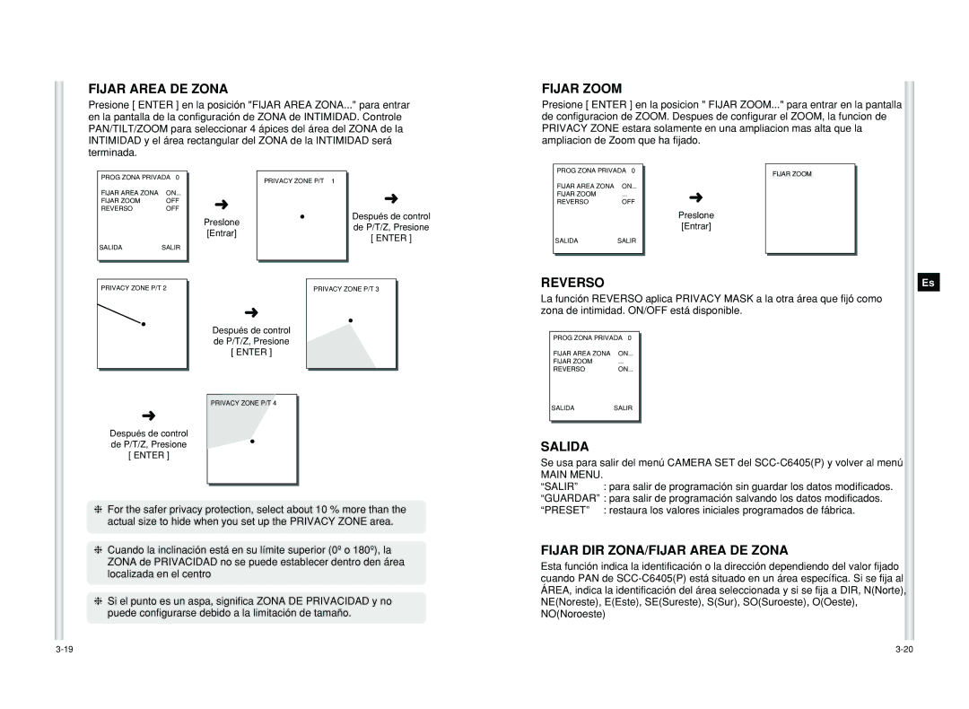 Samsung SCC-C6405P manual Fijar Area DE Zona, Fijar Zoom, Reverso, Fijar DIR ZONA/FIJAR Area DE Zona, Main Menu 