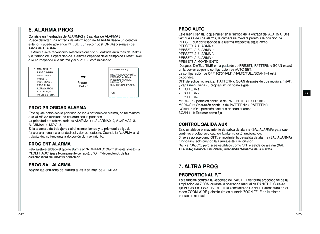 Samsung SCC-C6405P manual Alarma Prog, Altra Prog 