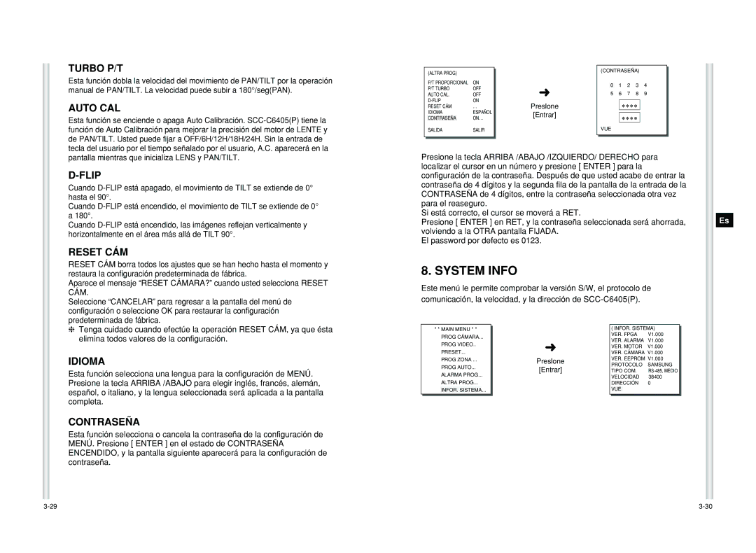Samsung SCC-C6405P manual Reset CÁM, Idioma, Contraseña, Pantalla mientras que inicializa Lens y PAN/TILT 