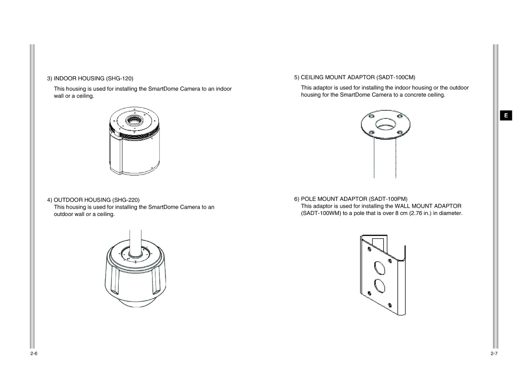 Samsung SCC-C6405P manual Indoor Housing SHG-120, Outdoor Housing SHG-220, Ceiling Mount Adaptor SADT-100CM 