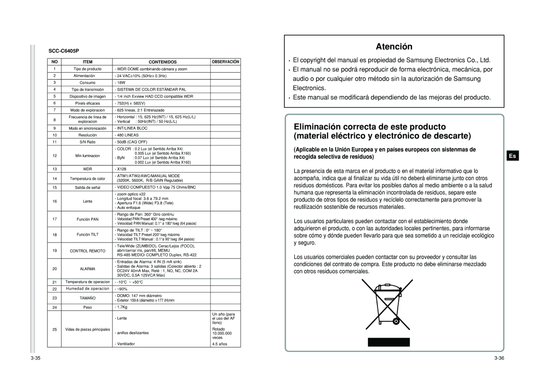 Samsung SCC-C6405P manual Atención, Sistema DE Color Estándar PAL 