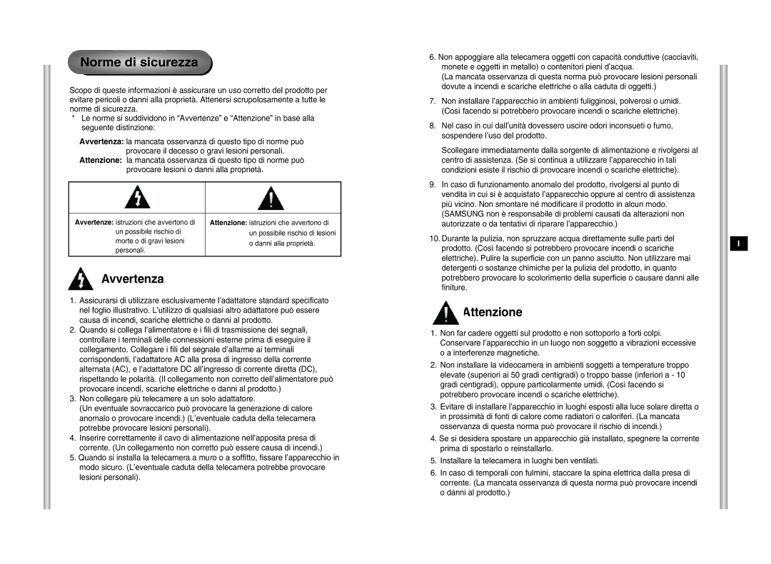 Samsung SCC-C6405P manual Norme di sicurezza, Avvertenza, Attenzione 