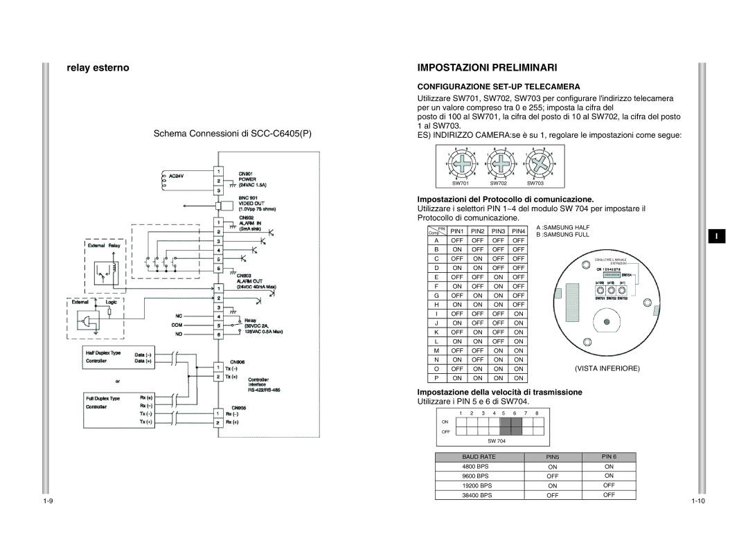 Samsung SCC-C6405P manual Relay esterno, Impostazioni Preliminari, Utilizzare i PIN 5 e 6 di SW704 