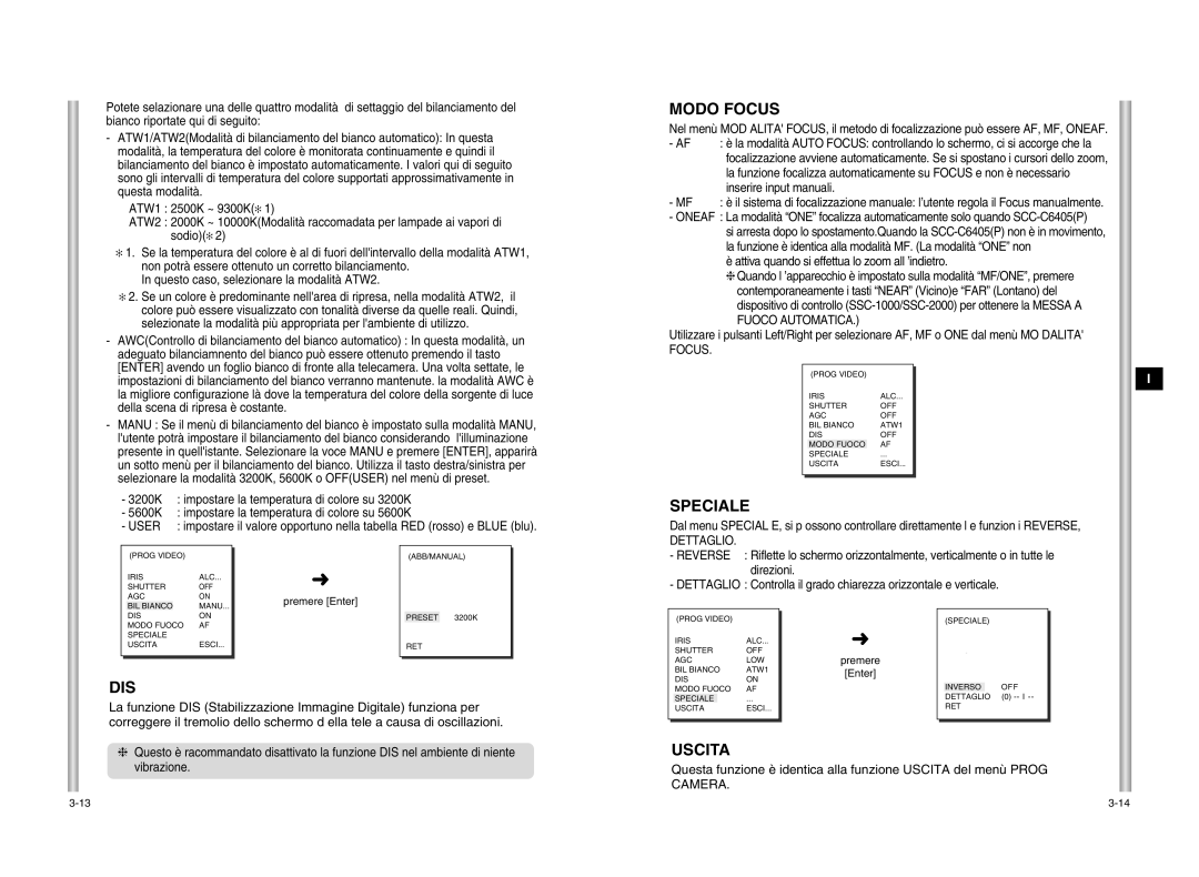 Samsung SCC-C6405P Modo Focus, Speciale, Inserire input manuali, Attiva quando si effettua lo zoom all ’indietro 