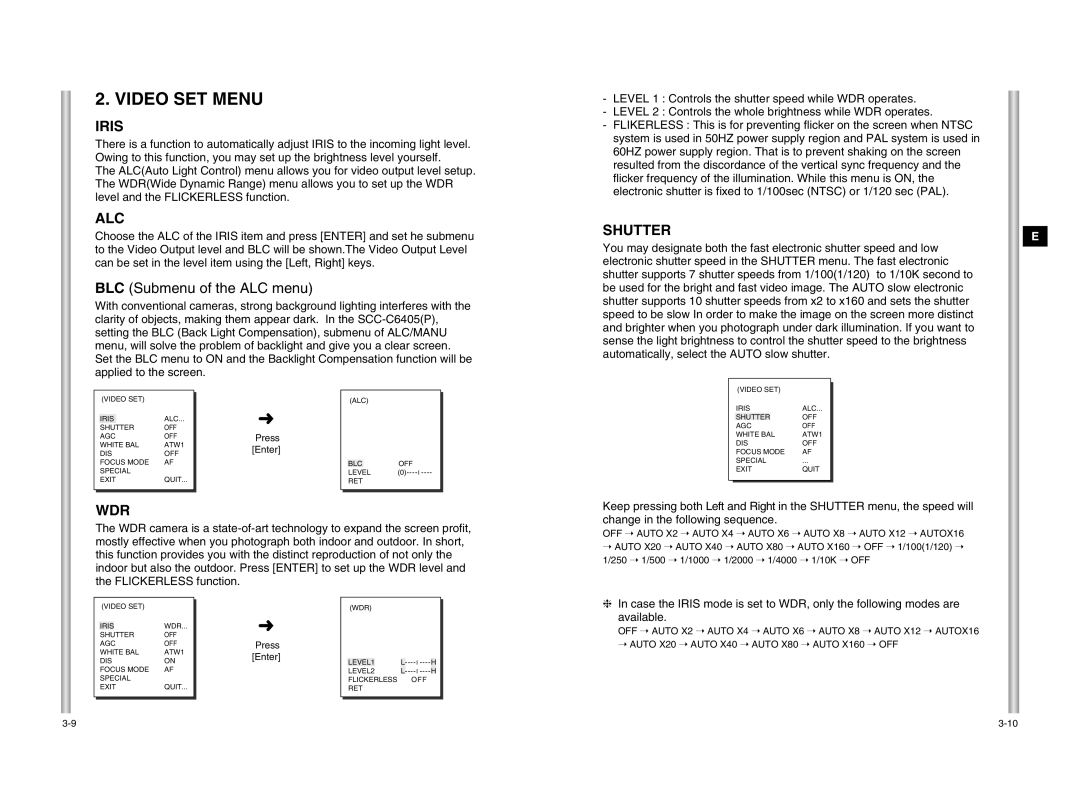 Samsung SCC-C6405P manual Video SET Menu, Iris, Alc, Shutter, Wdr 