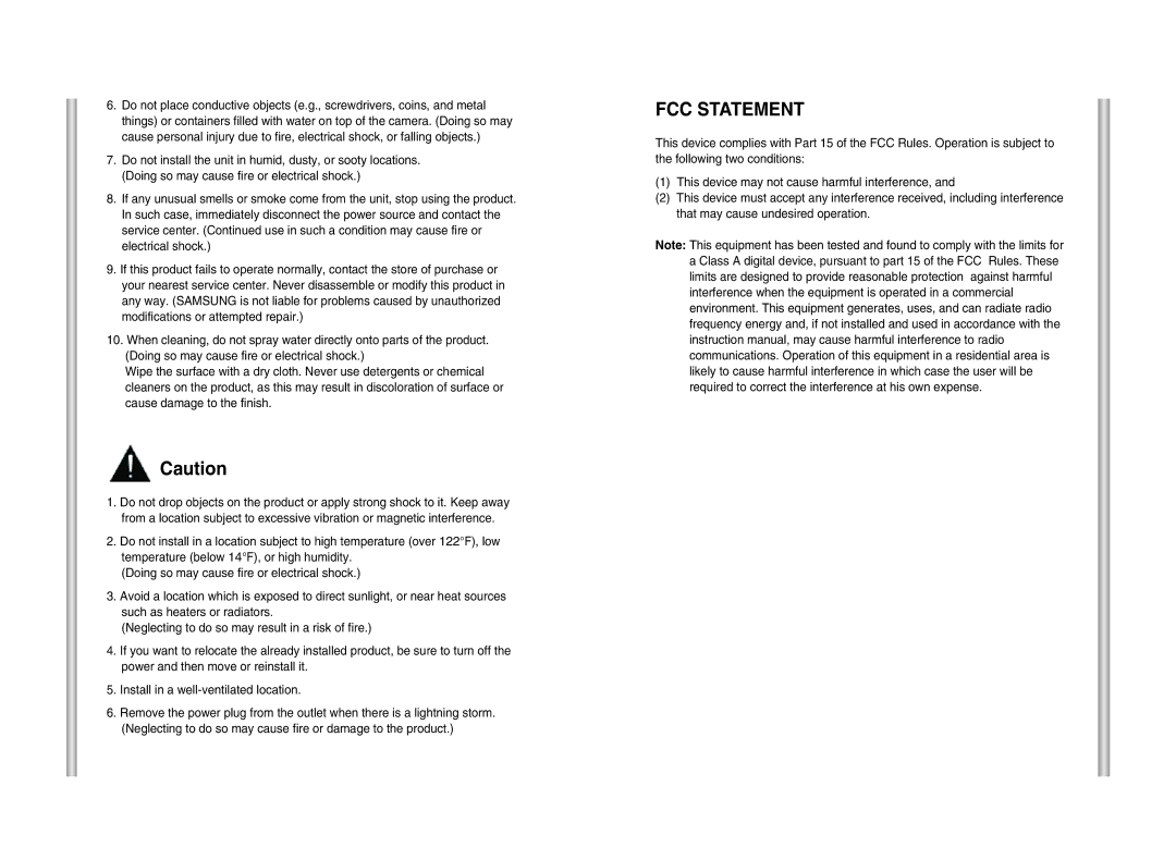 Samsung SCC-C6405P manual FCC Statement 