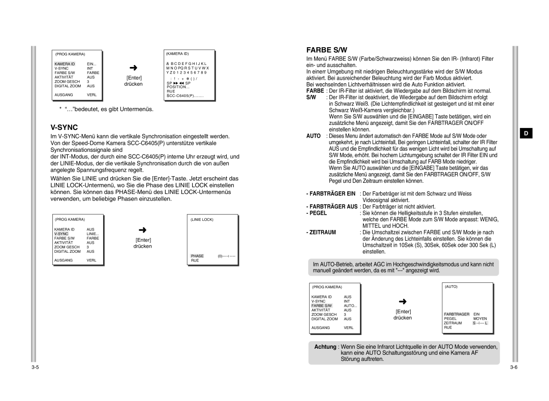 Samsung SCC-C6405P manual Farbe S/W, …bedeutet, es gibt Untermenüs, Mittel und Hoch, Einstellen 