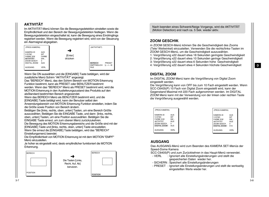 Samsung SCC-C6405P manual Aktivität, Zoom Geschw, Ausgang 