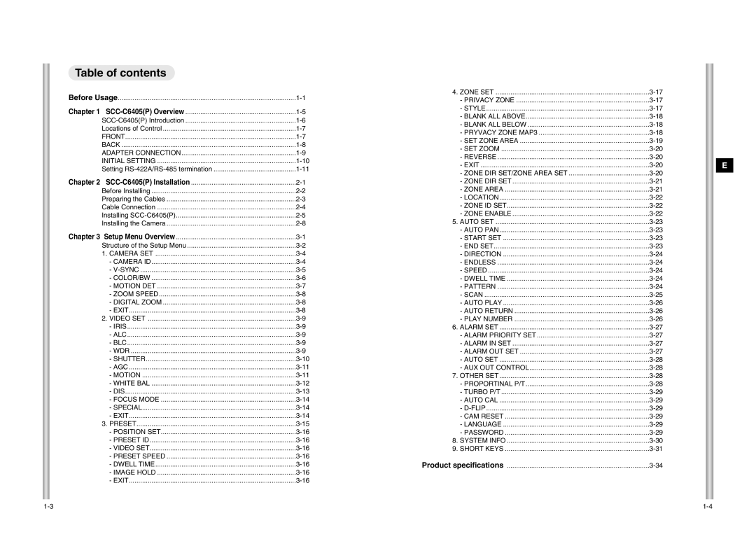 Samsung SCC-C6405P manual Table of contents 