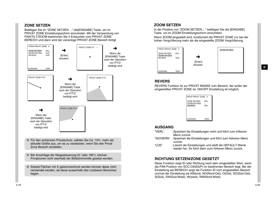 Samsung SCC-C6405P manual Zone Setzen, Zoom Setzen, Revers, Richtung SETZEN/ZONE Gesetzt 