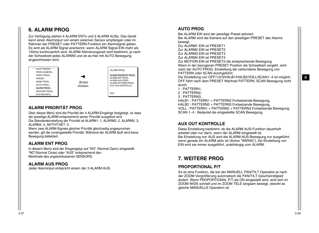 Samsung SCC-C6405P manual Alarm Prog, Weitere Prog 