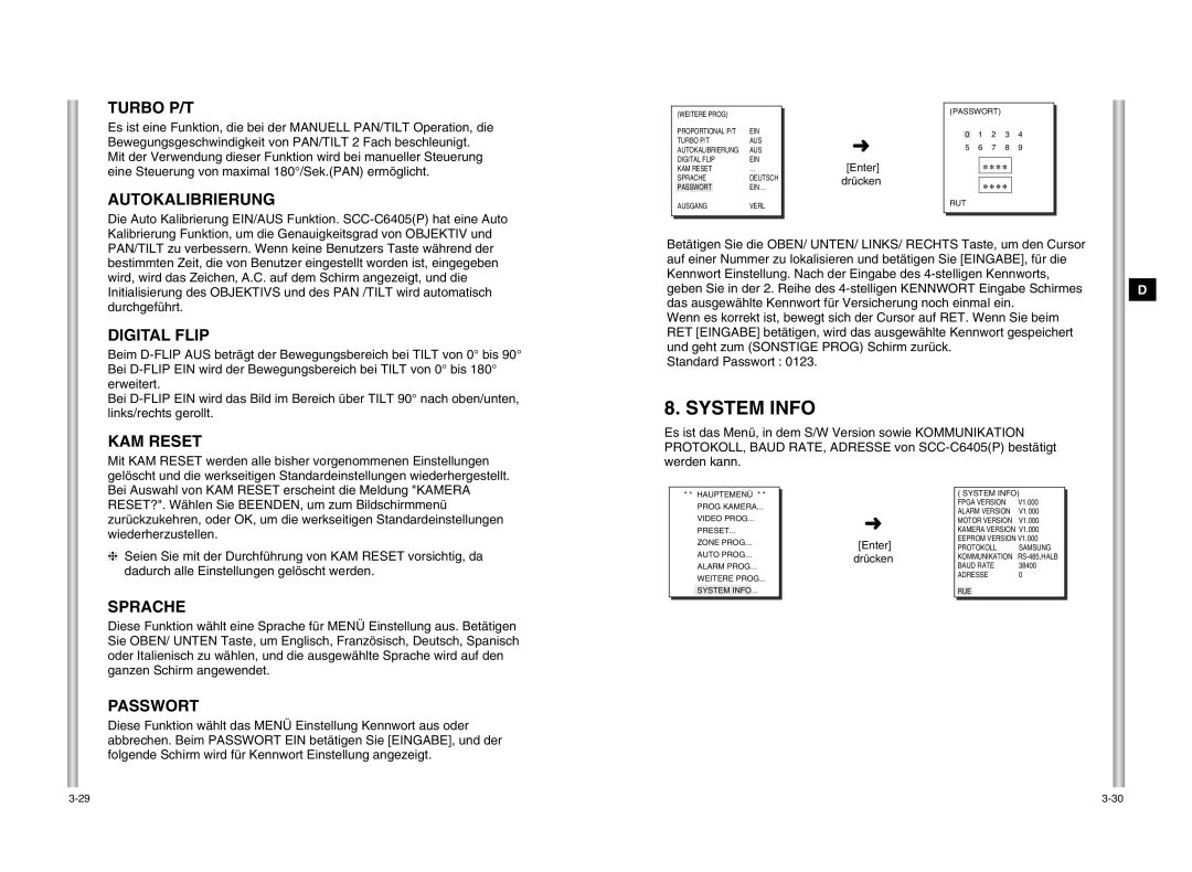 Samsung SCC-C6405P manual Autokalibrierung, Digital Flip, KAM Reset, Sprache, Passwort 