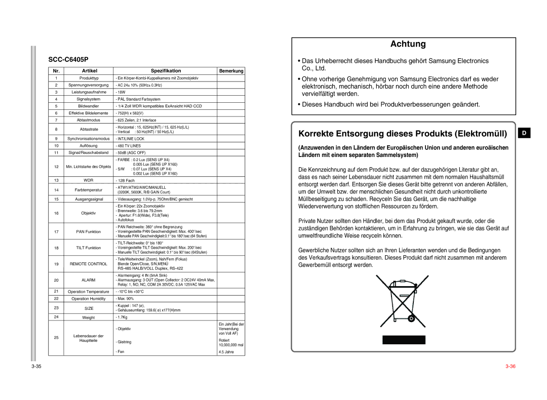 Samsung SCC-C6405P manual Korrekte Entsorgung dieses Produkts Elektromüll 