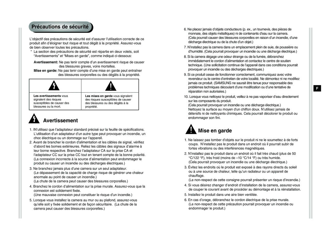 Samsung SCC-C6405P manual Précautions de sécurité, Avertissement, Mise en garde 