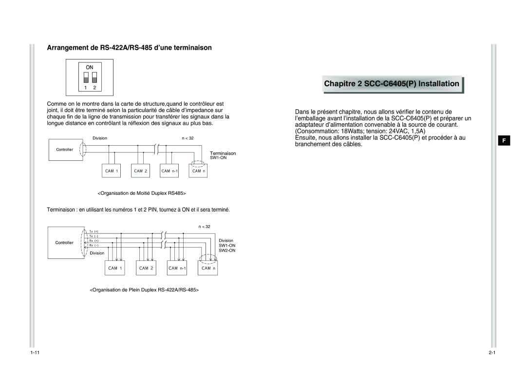 Samsung SCC-C6405P manual Chapitre 2 S CC- C6405 P Installat ion, Arrangement de RS-422A/RS-485 d’une terminaison 