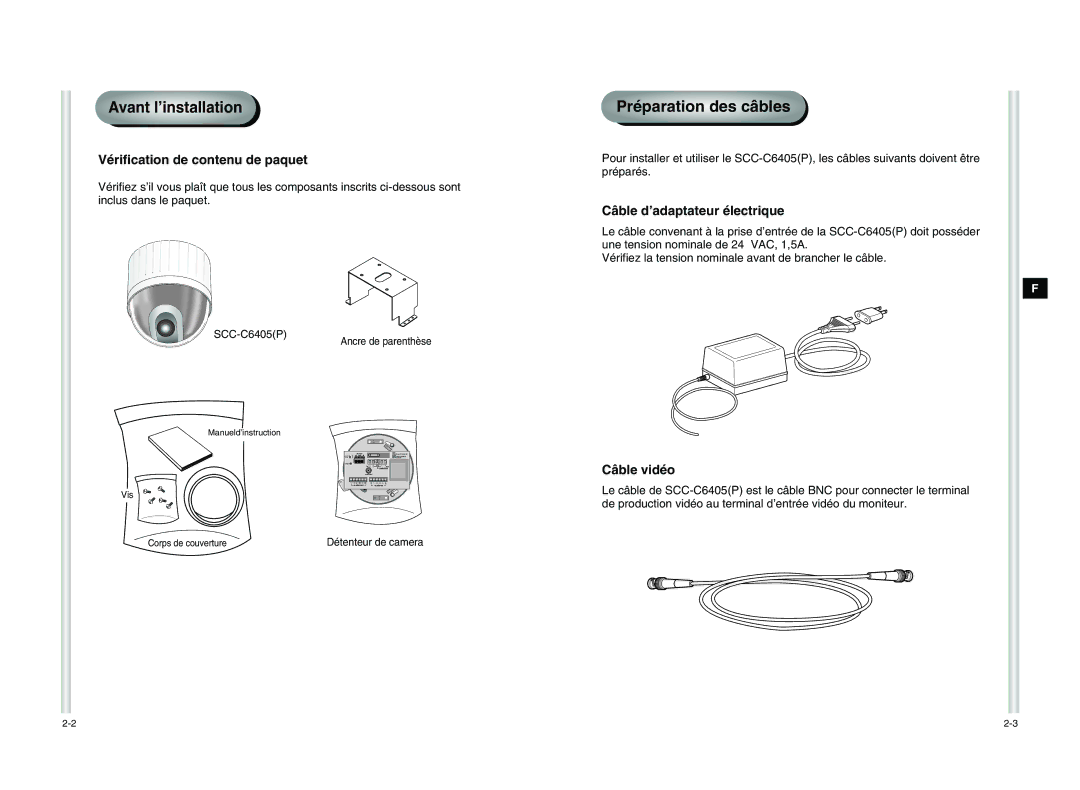 Samsung SCC-C6405P manual Avant l’installation, Préparation des câbles, Vérification de contenu de paquet, Câble vidéo 