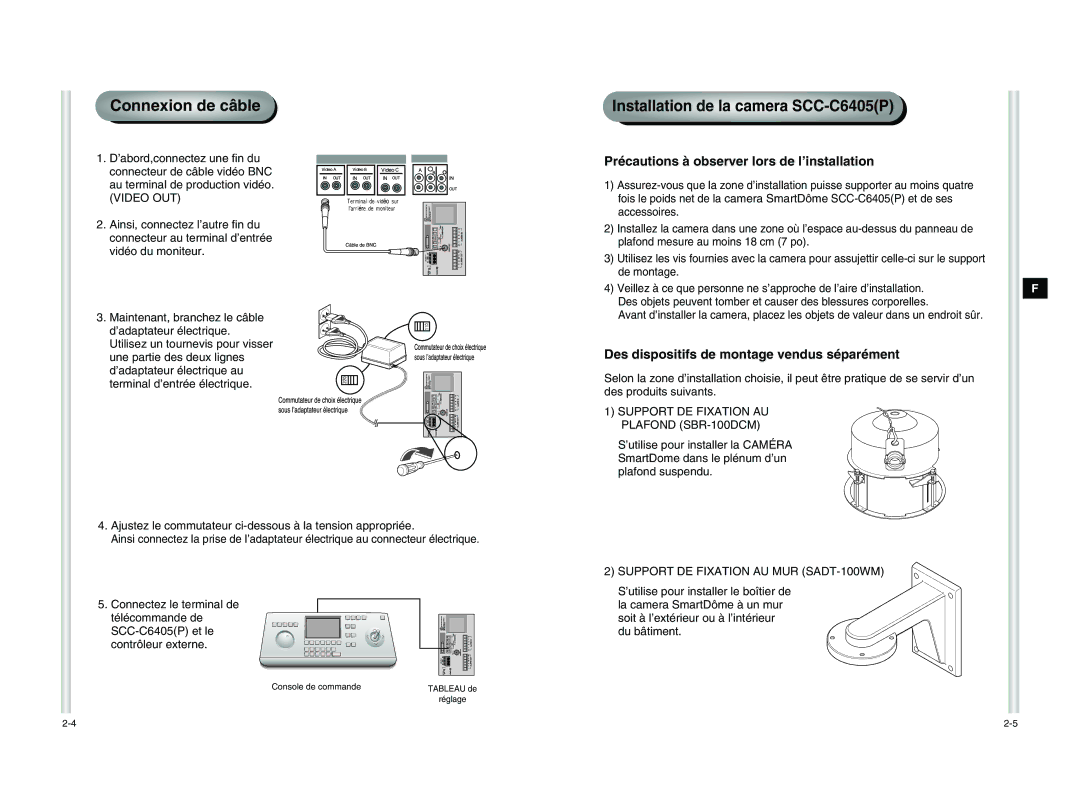 Samsung manual Connexion de câble, Installation de la camera SCC-C6405P, Précautions à observer lors de l’installation 