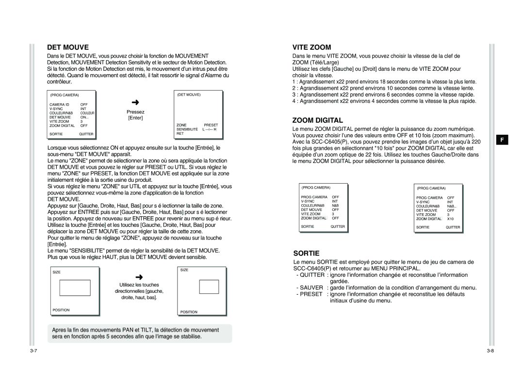 Samsung SCC-C6405P manual DET Mouve, Vite Zoom, Zoom Digital, Sortie 