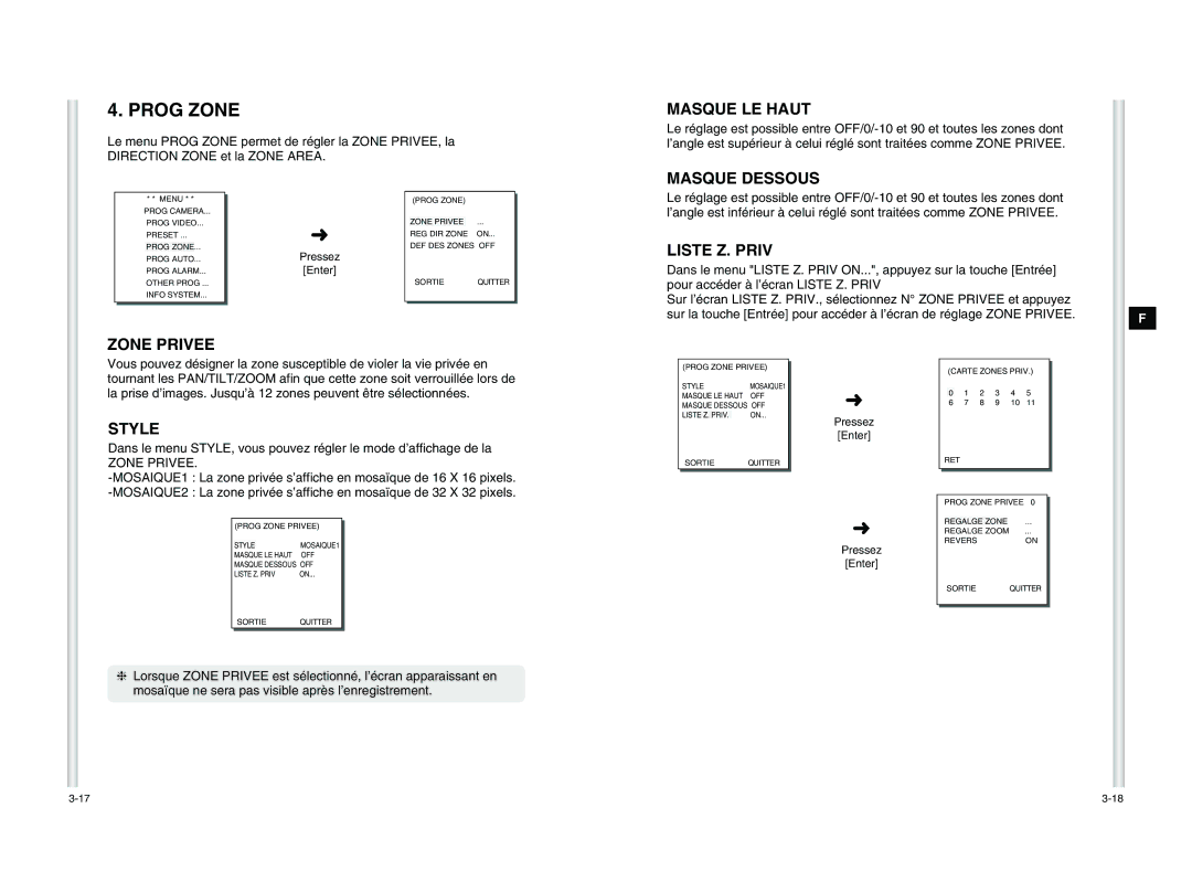 Samsung SCC-C6405P manual Prog Zone, Masque LE Haut, Masque Dessous, Liste Z. Priv, Zone Privee 