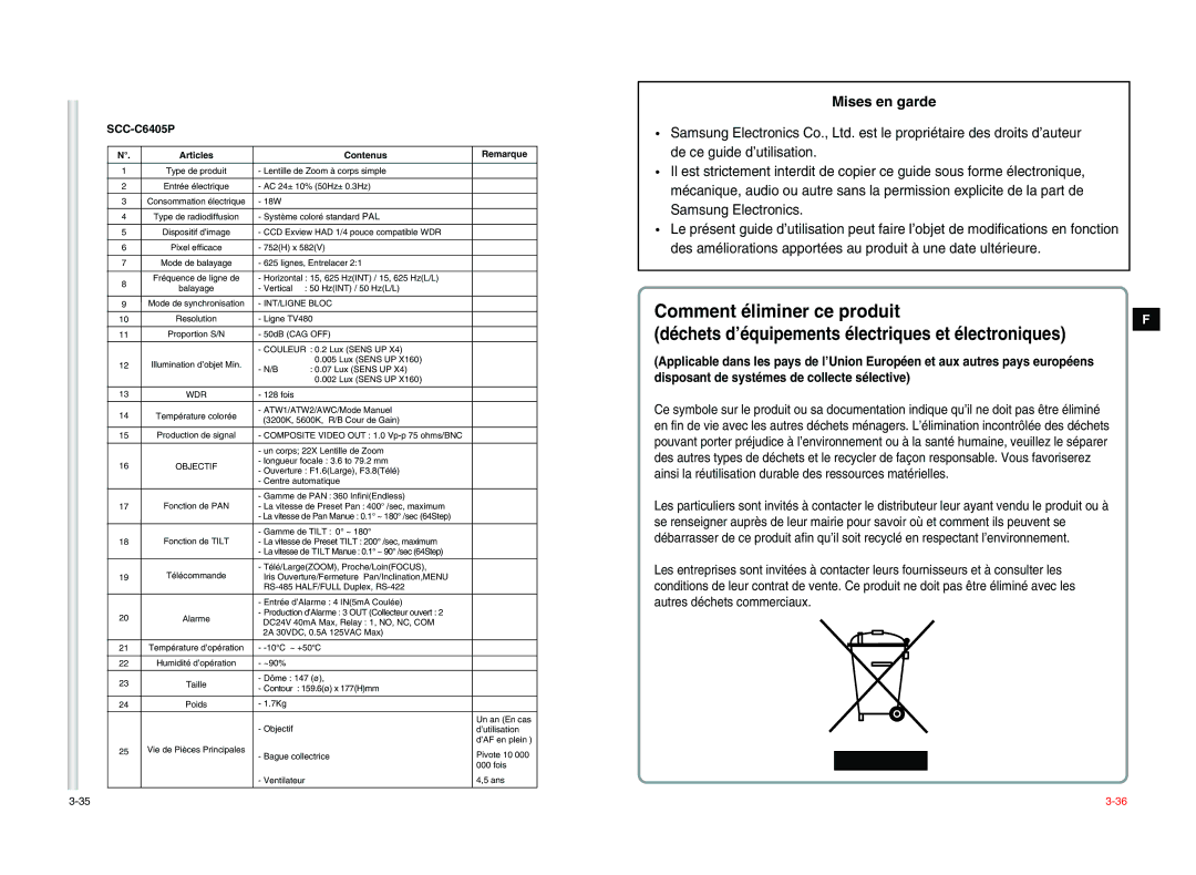 Samsung SCC-C6405P manual Mises en garde 