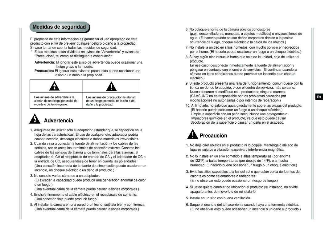 Samsung SCC-C6405P manual Medidas de seguridad, Advertencia, Precaución, No coloque encima de la cámara objetos conductores 