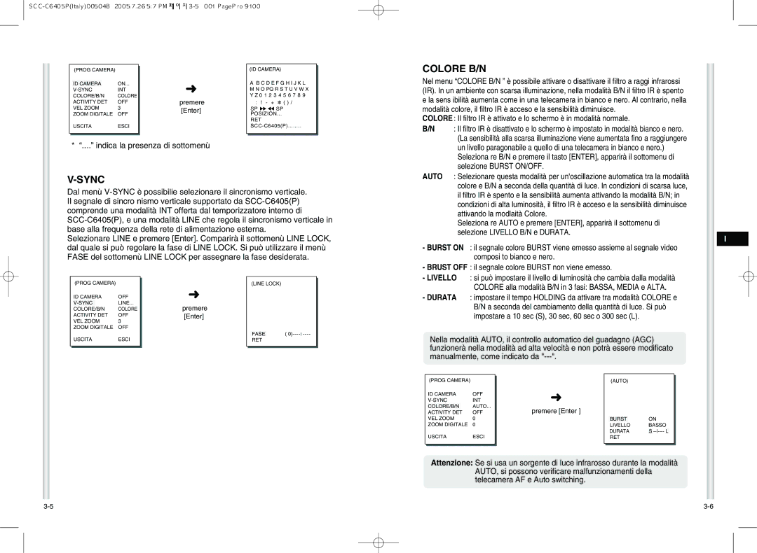 Samsung SCC-C6405P manual Colore B/N, Sync 