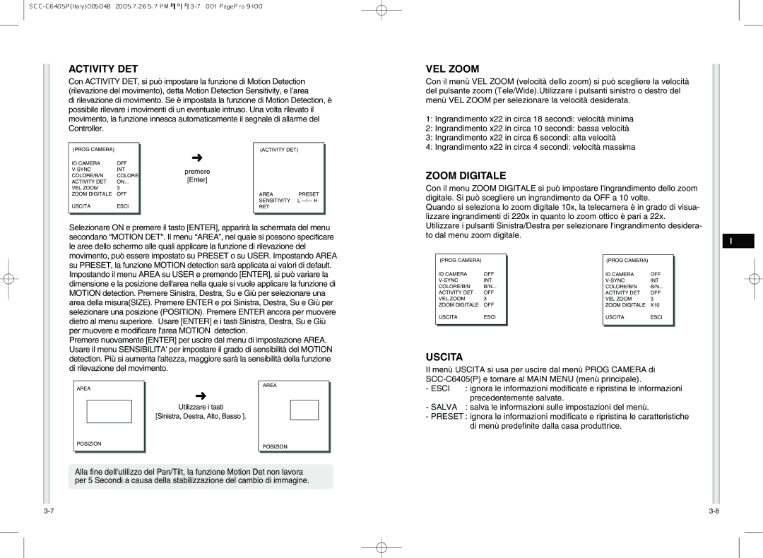 Samsung SCC-C6405P manual Activity DET, VEL Zoom, Zoom Digitale, Uscita, Esci 